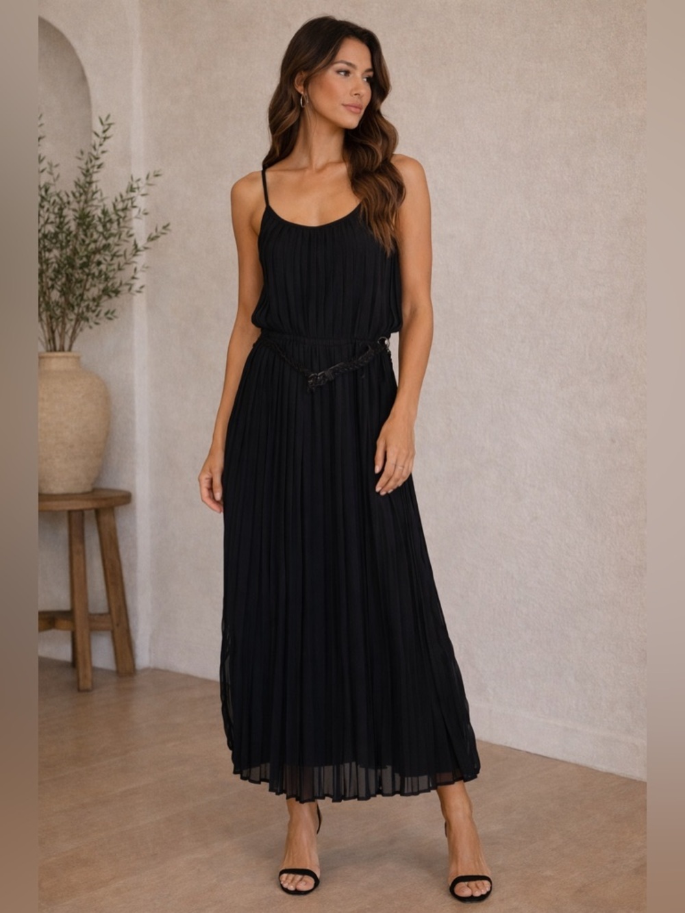 Black Pleated Midi Dress Spaghetti Strap Belted Elegant Flowy NWOT